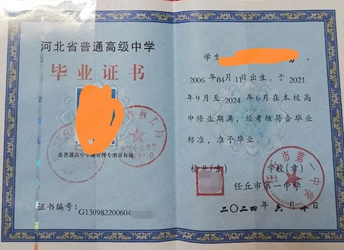 吉林任丘市第一中学高中毕业证样本图片